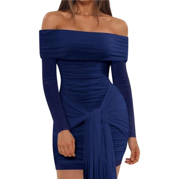 Womens Dress Off The Shoulder Long Sleeve Navy Blue - Picture 1 of 6